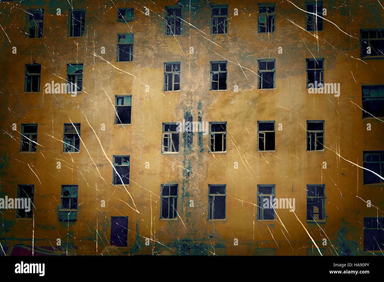 Abandoned building wall with broken glass windows retro photo imitation ...