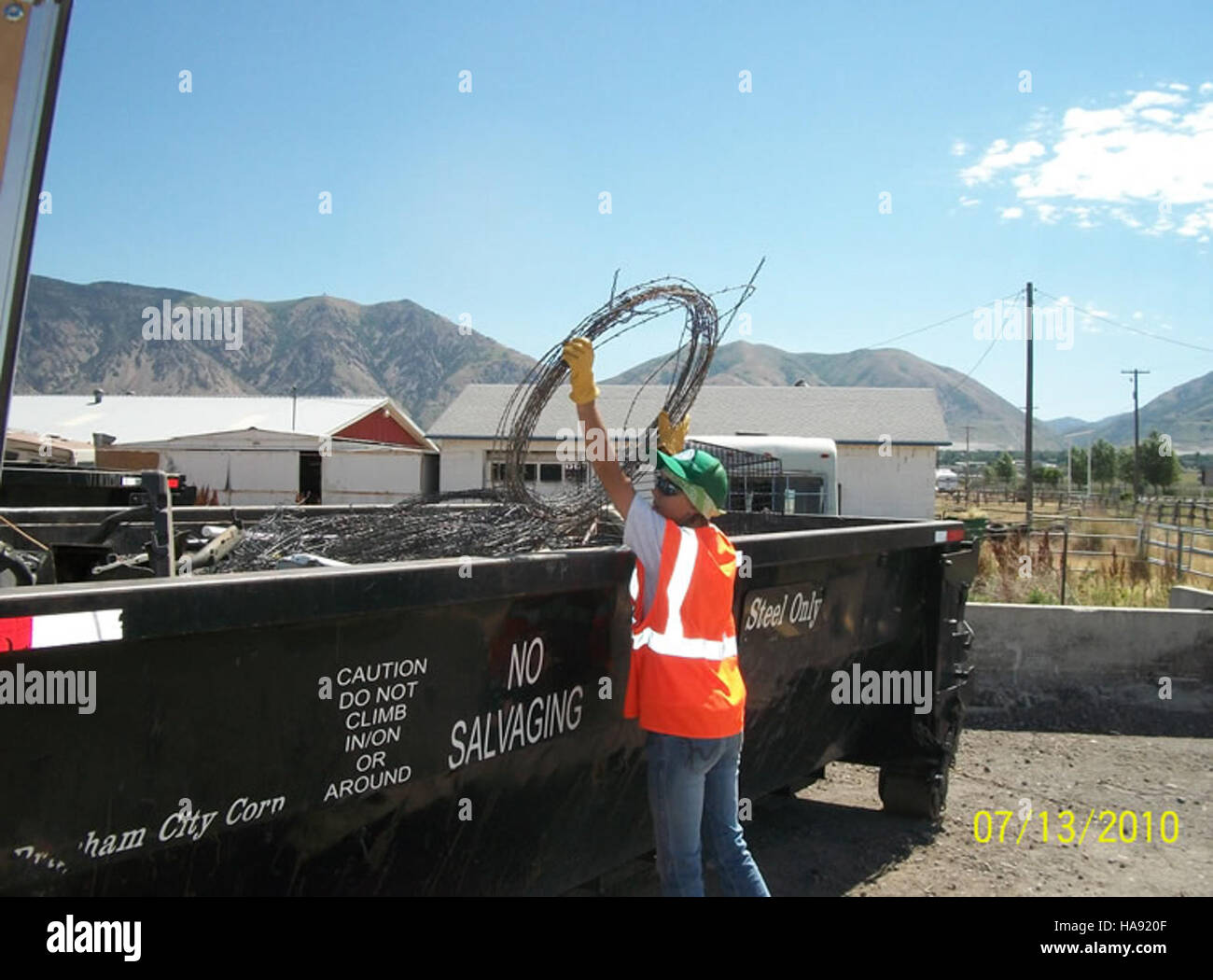 This image shows the recycling of barbed wire at a national park. The initiative is part of efforts to reduce waste and protect the environment by repurposing materials to support conservation work. Stock Photo