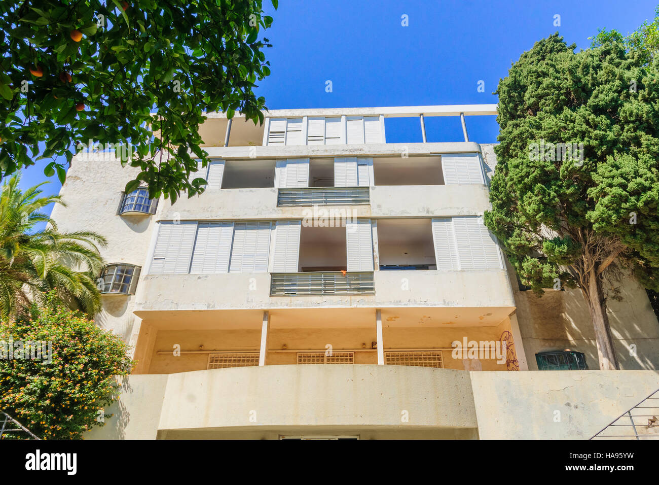 TEL AVIV, ISRAEL - MAY 15, 2015: A Bauhaus style house, in Tel Aviv, Israel. The white city of Tel Aviv is a UNESCO a World Cultural Heritage site Stock Photo