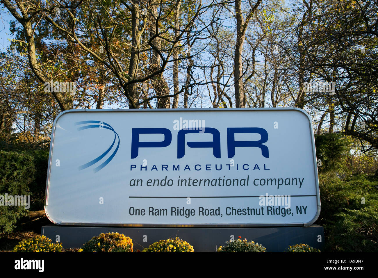 A logo sign outside of a facility occupied by Par Pharmaceuticals in Chestnut Ridge, New York on November 5, 2016. Stock Photo
