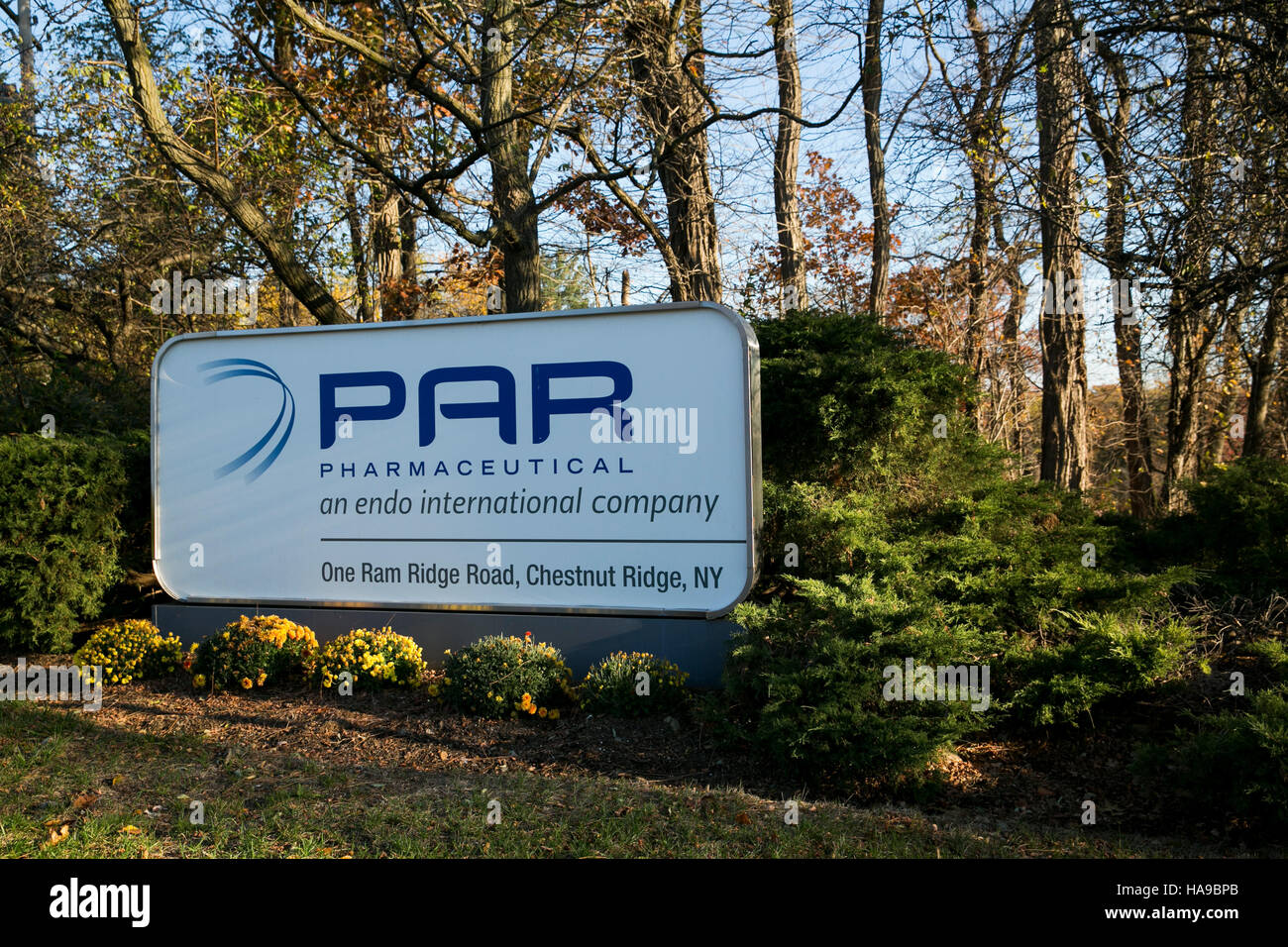 A logo sign outside of a facility occupied by Par Pharmaceuticals in Chestnut Ridge, New York on November 5, 2016. Stock Photo