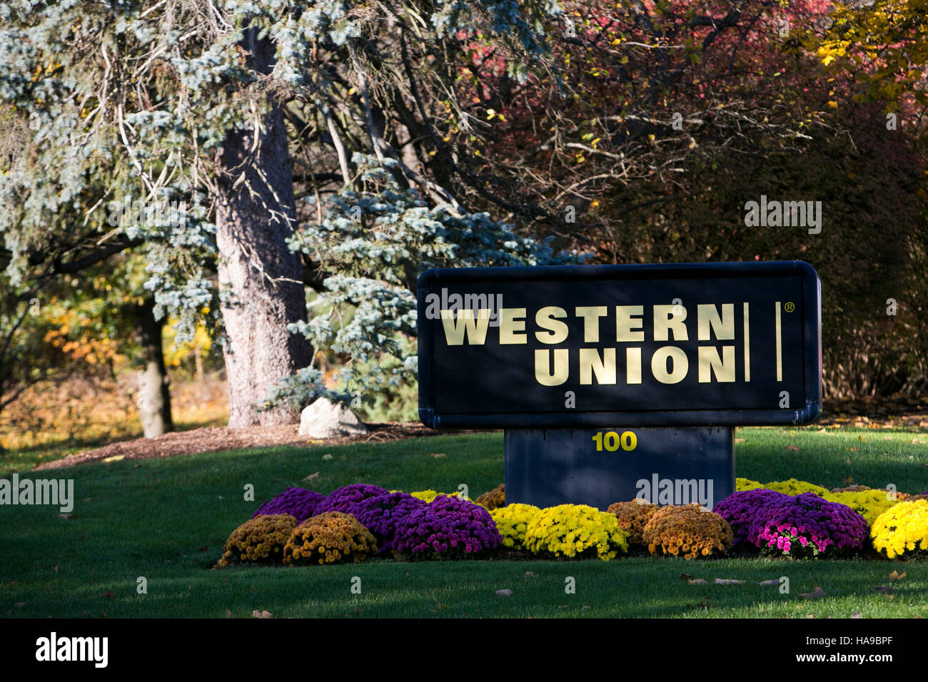 A logo sign outside of a facility occupied by The Western Union Company in Montvale, New Jersey on November 5, 2016. Stock Photo