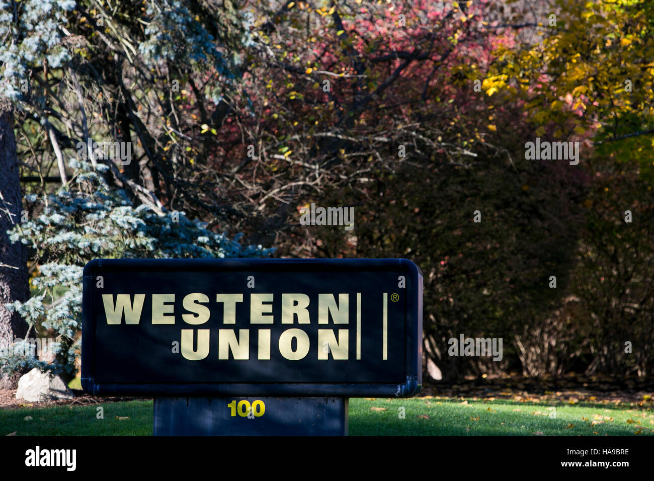 A logo sign outside of a facility occupied by The Western Union Company in Montvale, New Jersey on November 5, 2016. Stock Photo