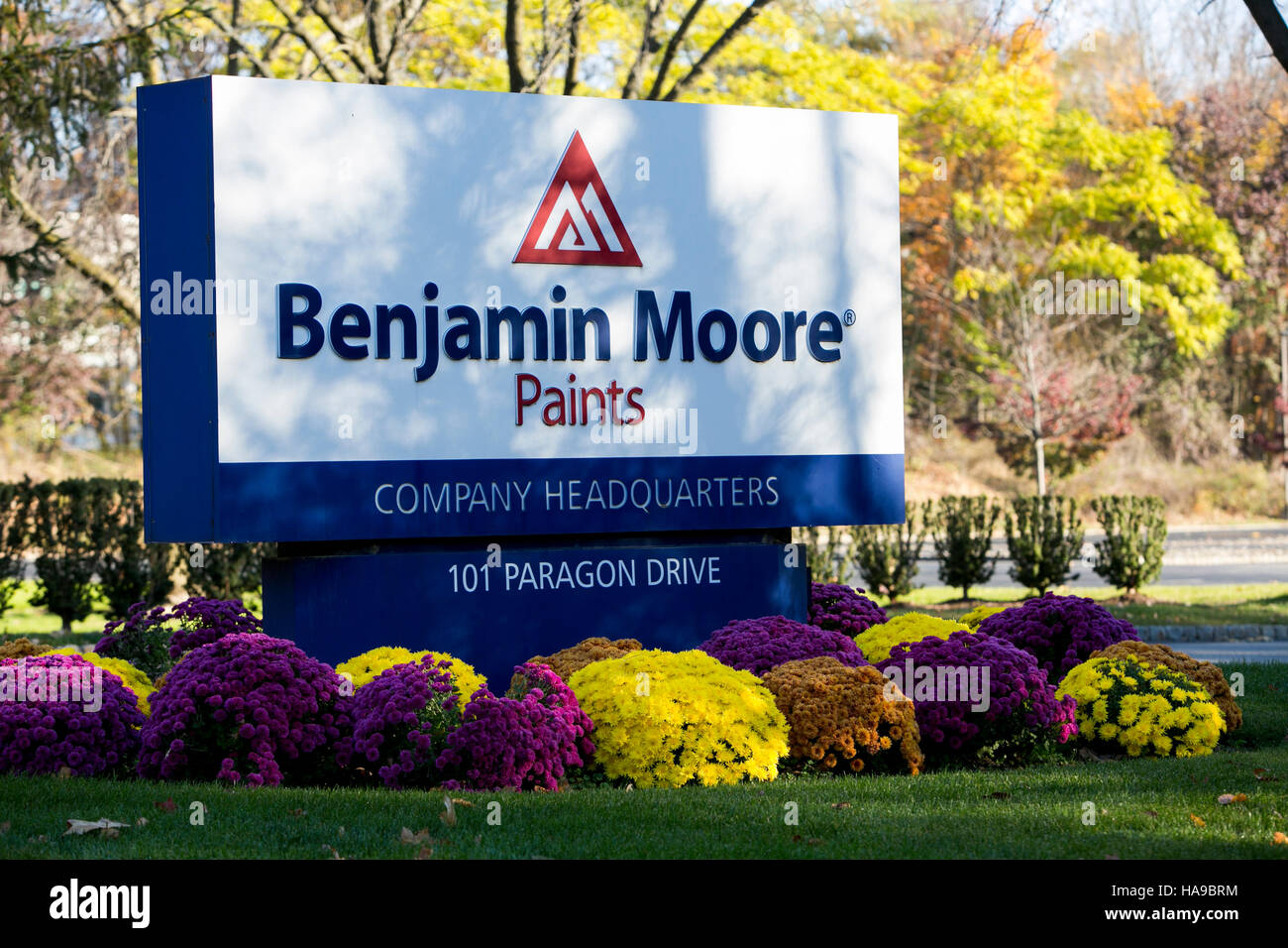 A logo sign outside of the headquarters of Benjamin Moore Paints in Montvale, New Jersey on November 5, 2016. Stock Photo