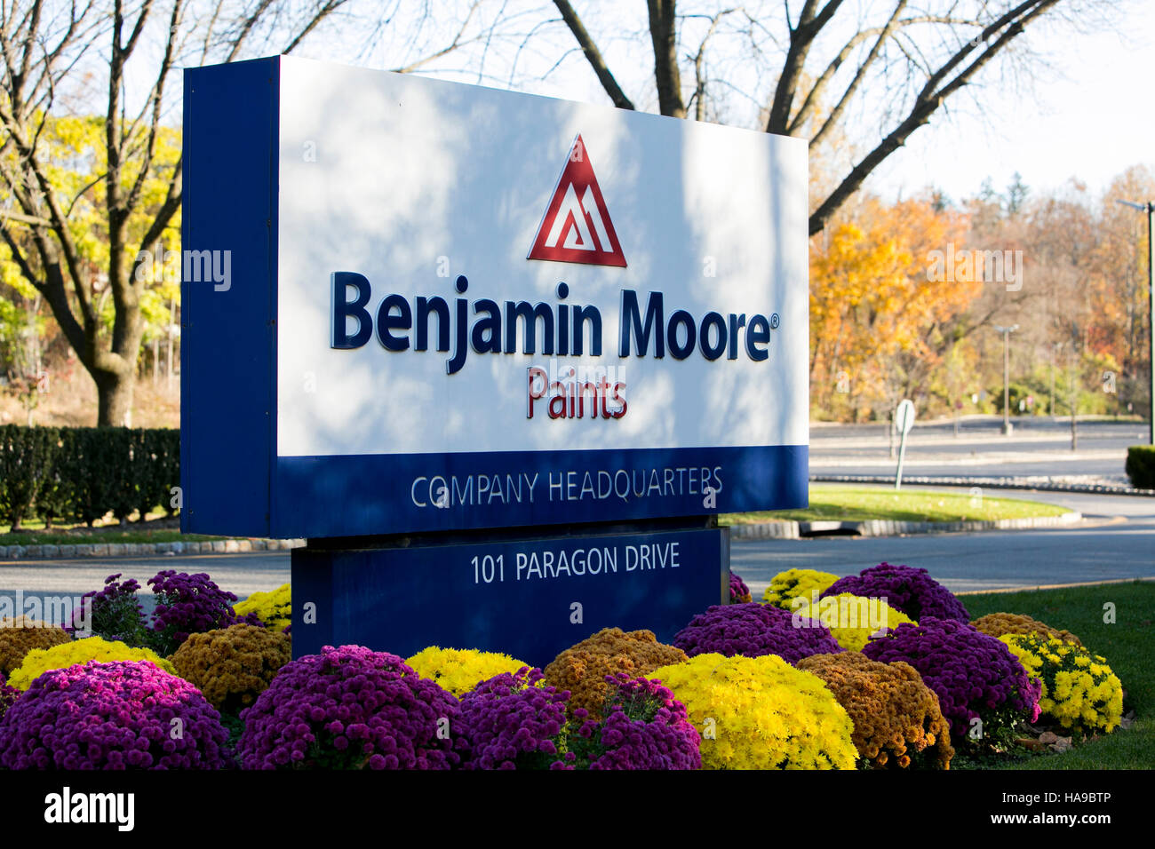 A logo sign outside of the headquarters of Benjamin Moore Paints in Montvale, New Jersey on November 5, 2016. Stock Photo