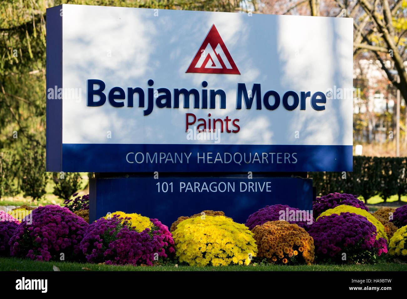 A logo sign outside of the headquarters of Benjamin Moore Paints in Montvale, New Jersey on November 5, 2016. Stock Photo