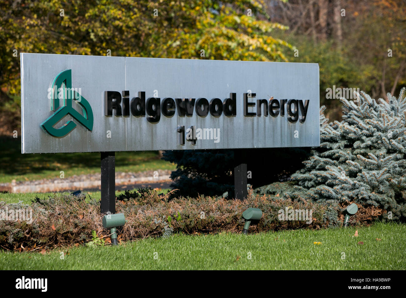 A logo sign outside of the headquarters of the Ridgewood Energy Corporation in Montvale, New Jersey on November 5, 2016. Stock Photo