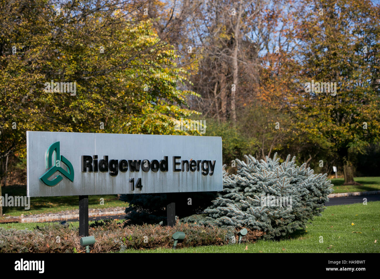 A logo sign outside of the headquarters of the Ridgewood Energy Corporation in Montvale, New Jersey on November 5, 2016. Stock Photo