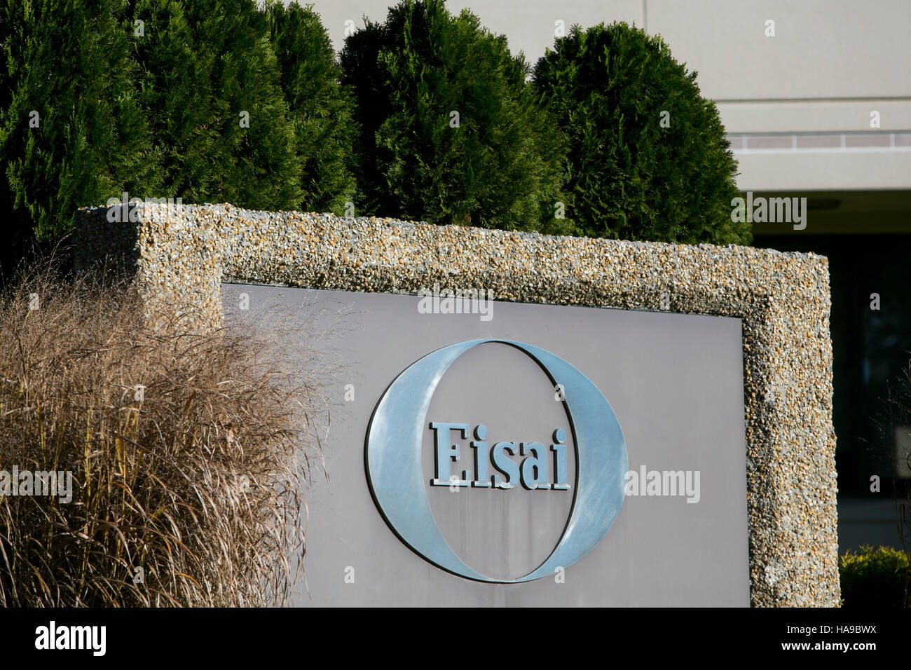 A logo sign outside of a facility occupied by Eisai Pharmaceuticals in