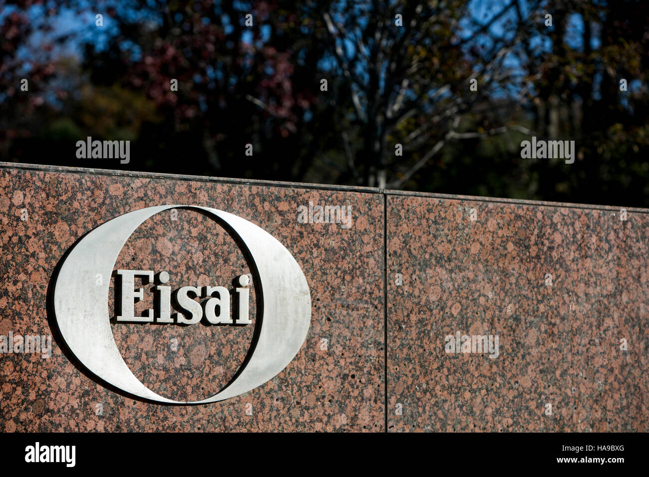 A logo sign outside of a facility occupied by Eisai Pharmaceuticals in