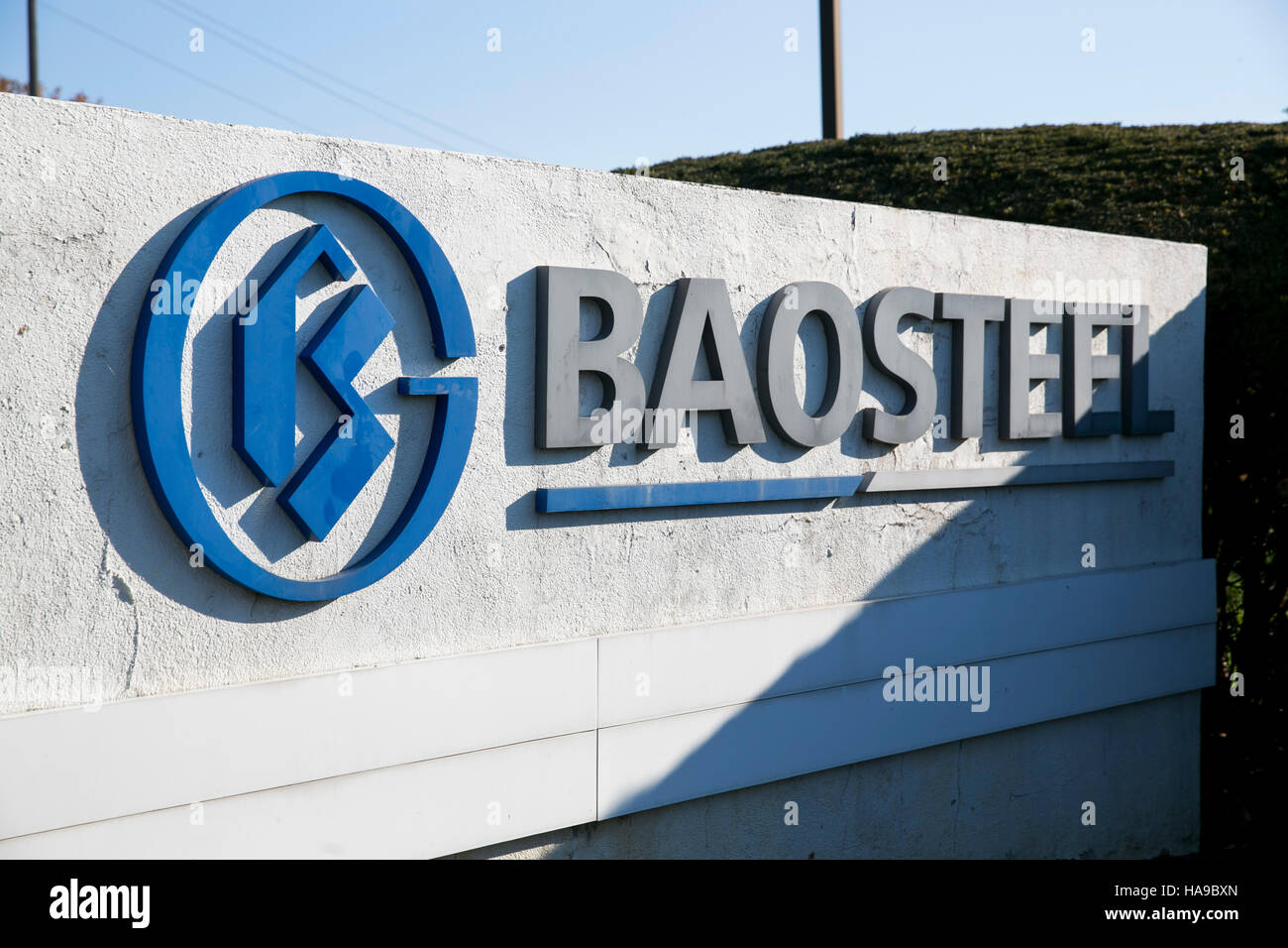 A logo sign outside of a facility occupied by the Baosteel Group in Montvale, New Jersey on November 5, 2016. Stock Photo
