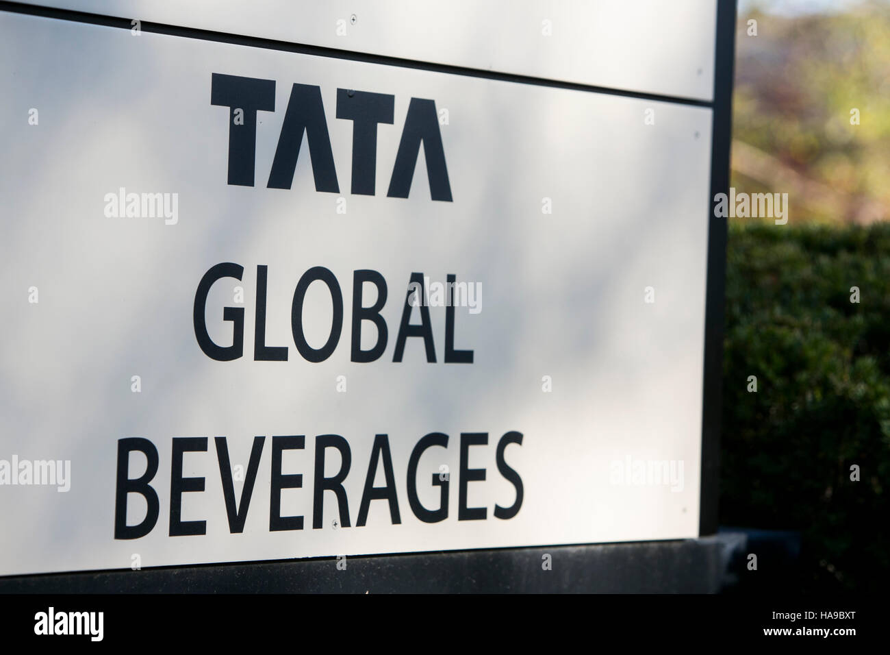 A logo sign outside of a facility occupied by Tata Global Beverages in Montvale, New Jersey on November 5, 2016. Stock Photo