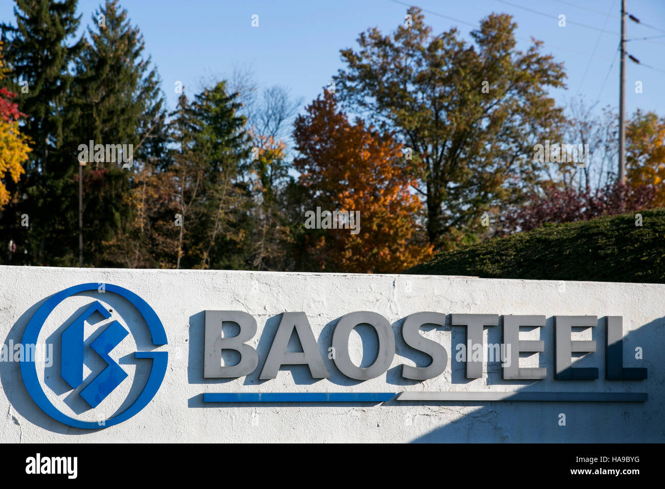 A logo sign outside of a facility occupied by the Baosteel Group in Montvale, New Jersey on November 5, 2016. Stock Photo