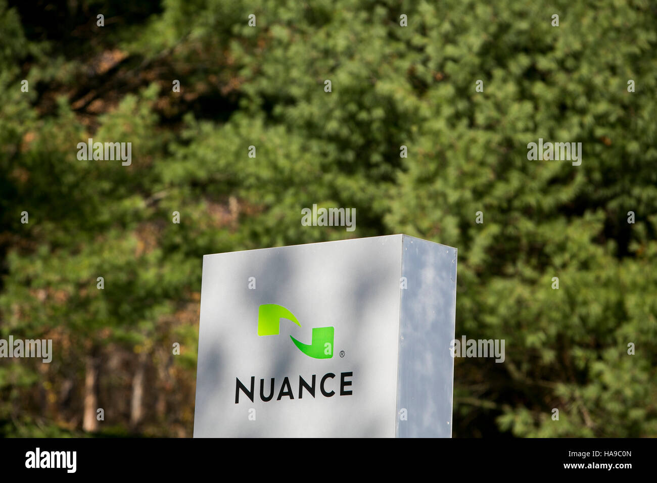 A logo sign outside of a facility occupied by Nuance Communications in Mahwah, New Jersey on November 5, 2016. Stock Photo