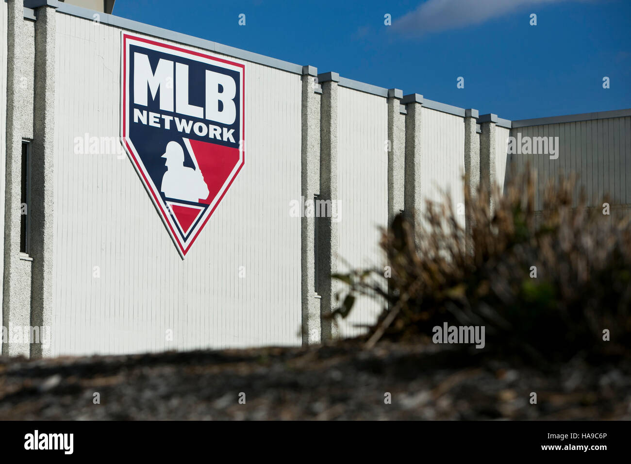 A logo sign outside of a facility occupied by MLB Networks in Secaucus, New Jersey on November 5, 2016. Stock Photo