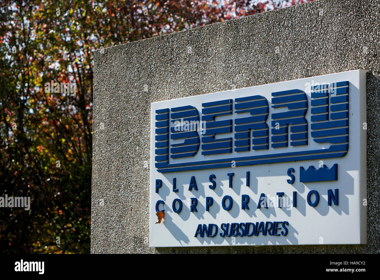 A logo sign outside of a facility occupied by Berry Plastics in Piscataway Township, New Jersey on November 6, 2016. Stock Photo
