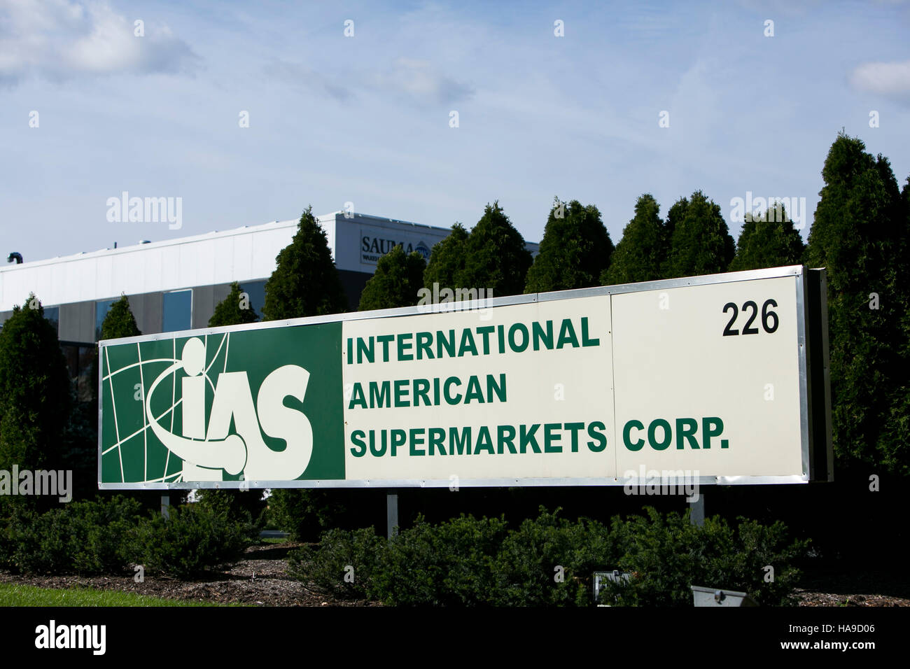 A logo sign outside of a facility occupied by International American Supermarkets Corp., in Piscataway Township, New Jersey on November 6, 2016. Stock Photo