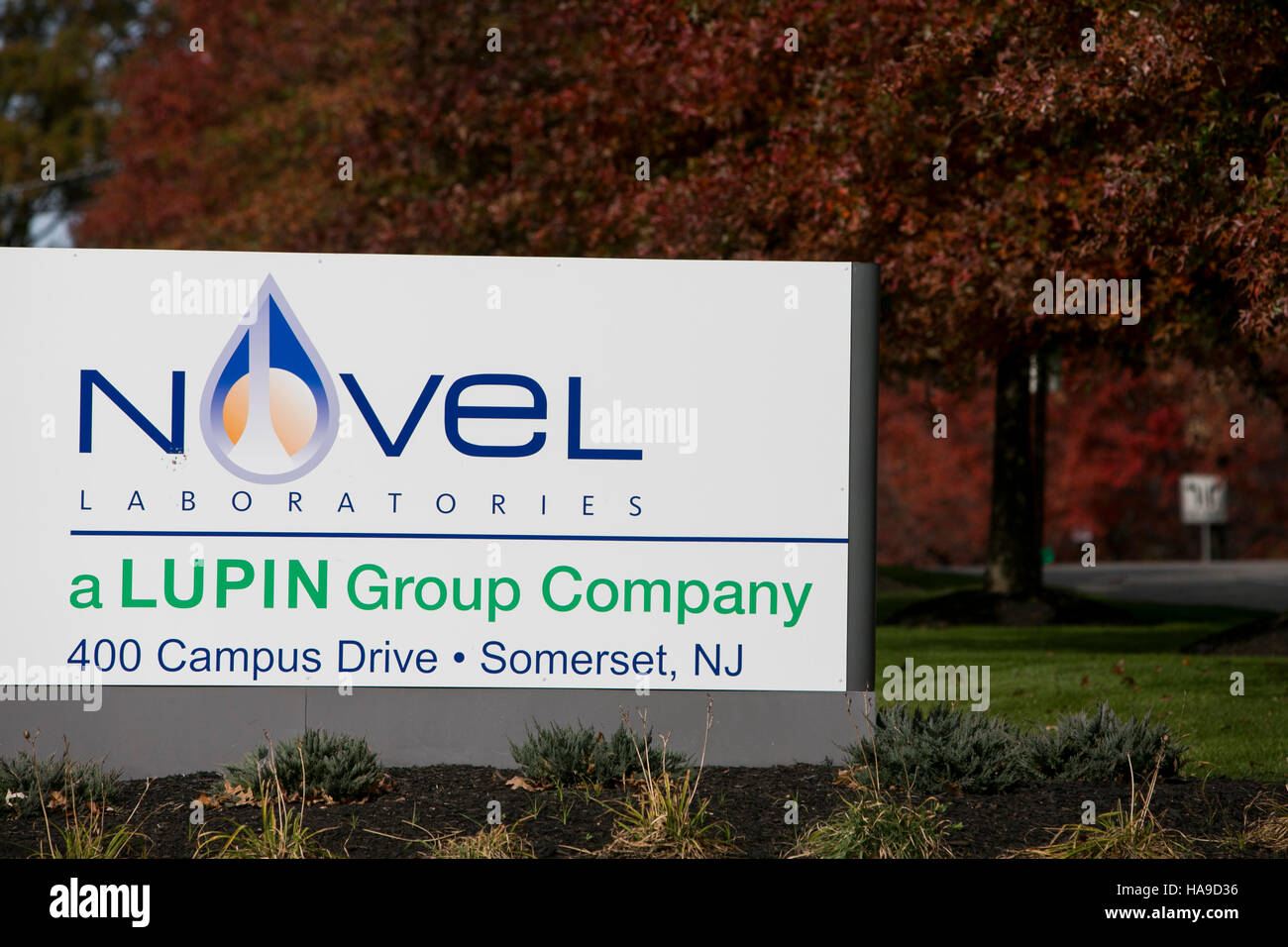 A logo sign outside of a facility occupied by Novel Laboratories in