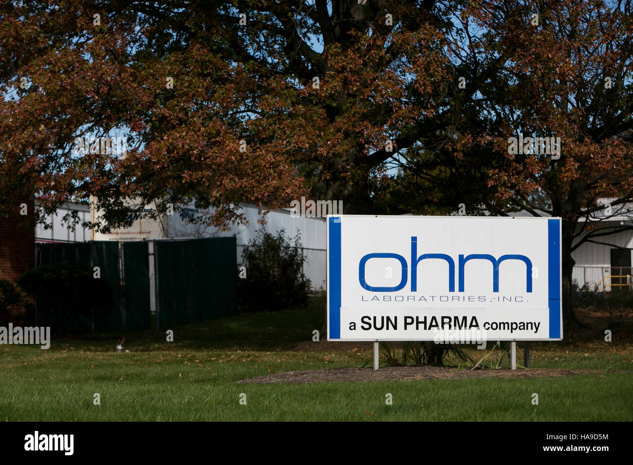 A logo sign outside of a facility occupied by the Ohm Laboratories in North Brunswick Township
