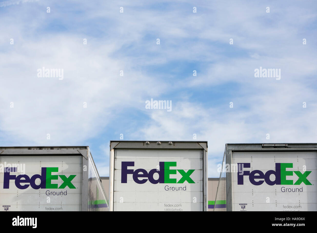 FedEx Ground logos on truck trailers lined up at a facility in Dayton ...