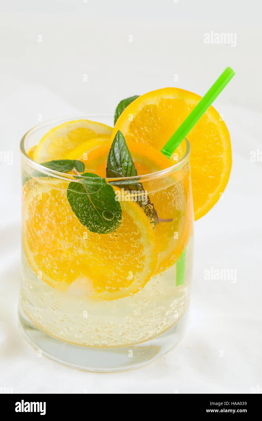 orange and sparkling water drink in a glass Stock Photo