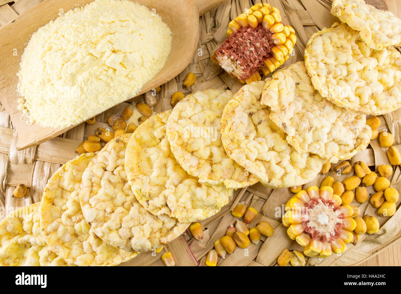 circle shaped corn snacks and corn kernels Stock Photo Alamy