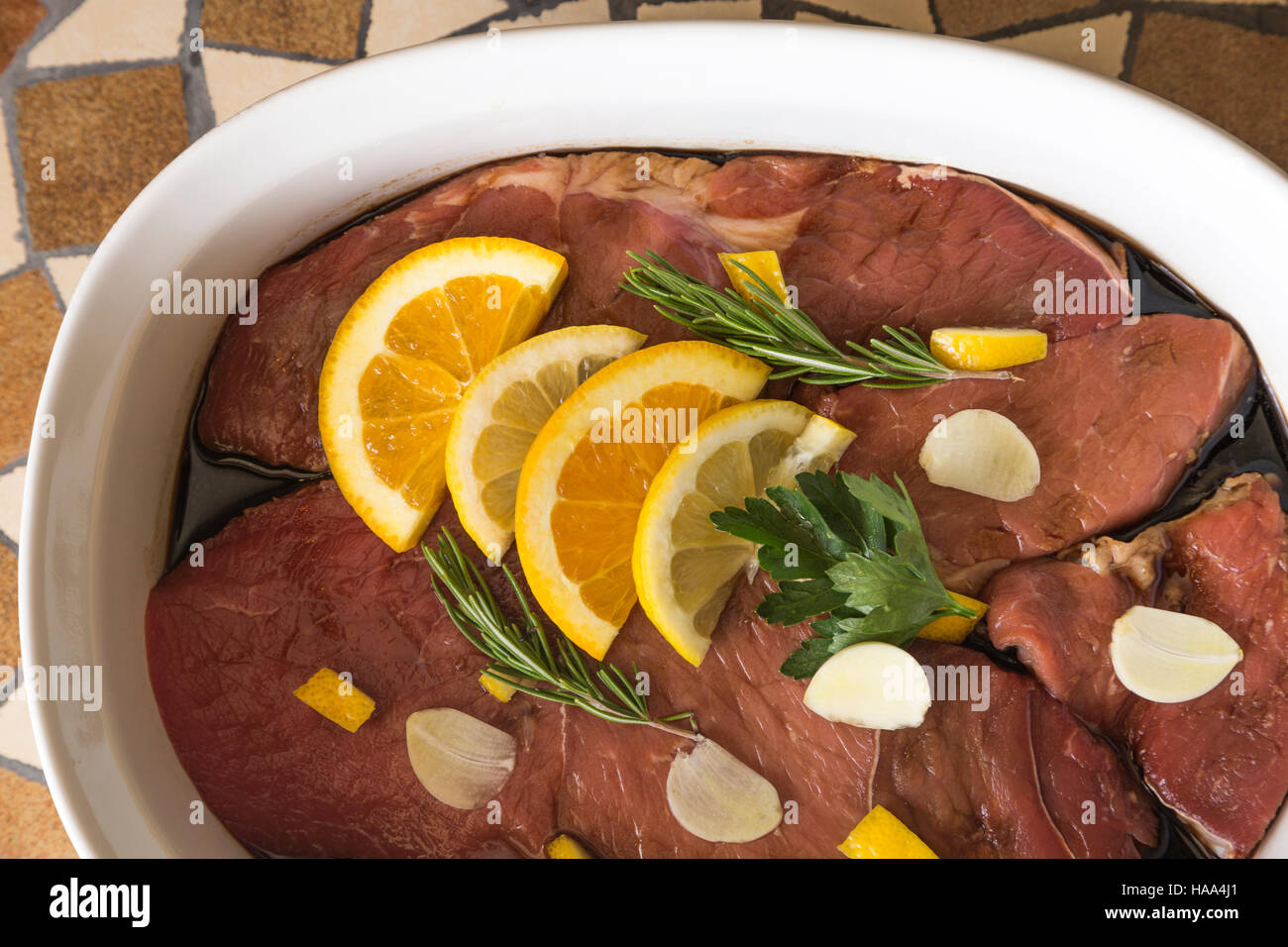 Beef marinating in a dish Stock Photo Alamy