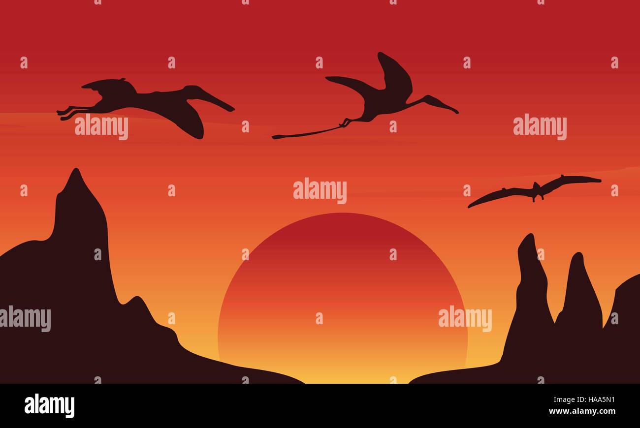 Silhouette of dinosaur pterodactyl at sunset scenery Stock Vector Image ...