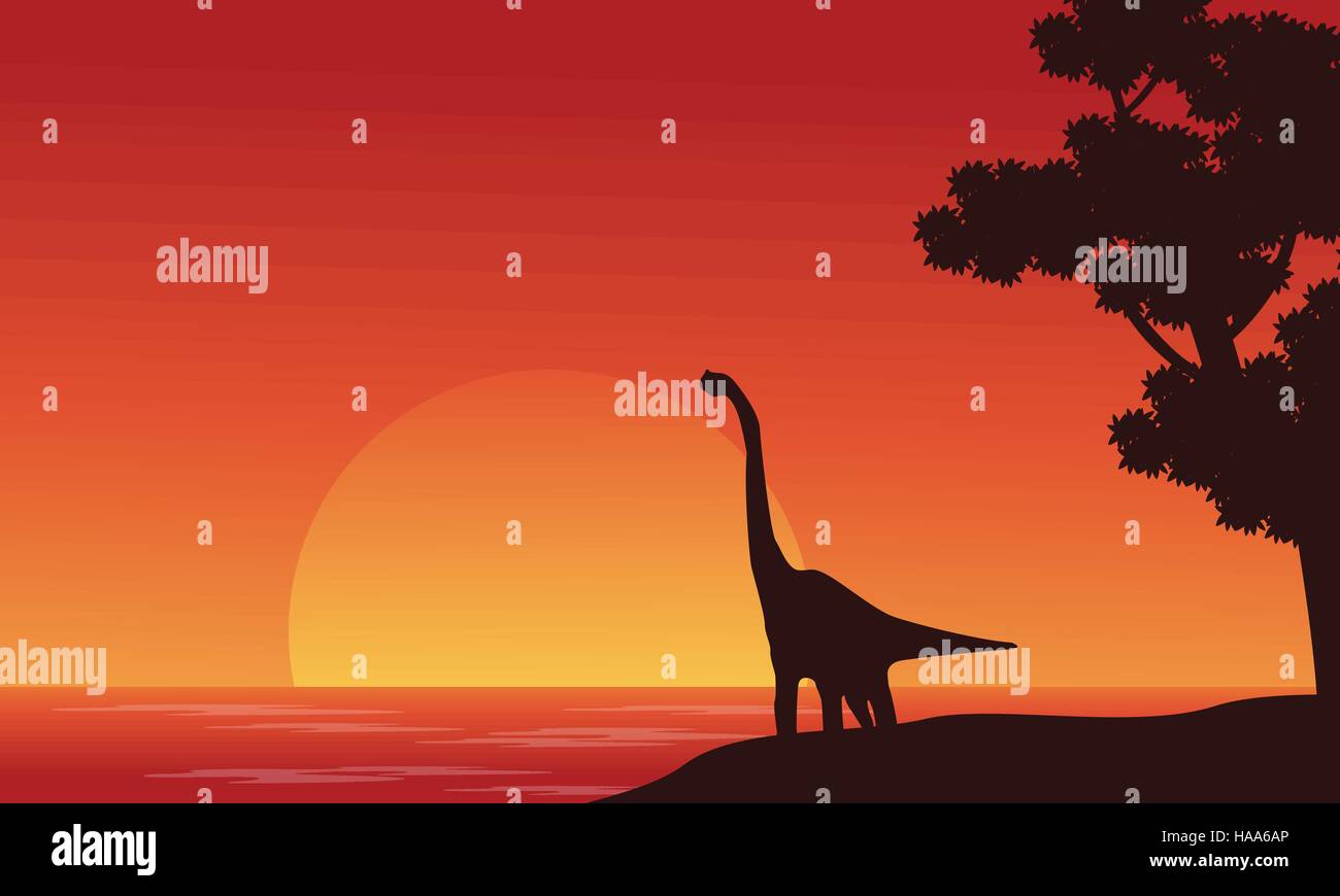 Silhouette of dinosaur brachiosaurus on riverbank Stock Vector Image ...