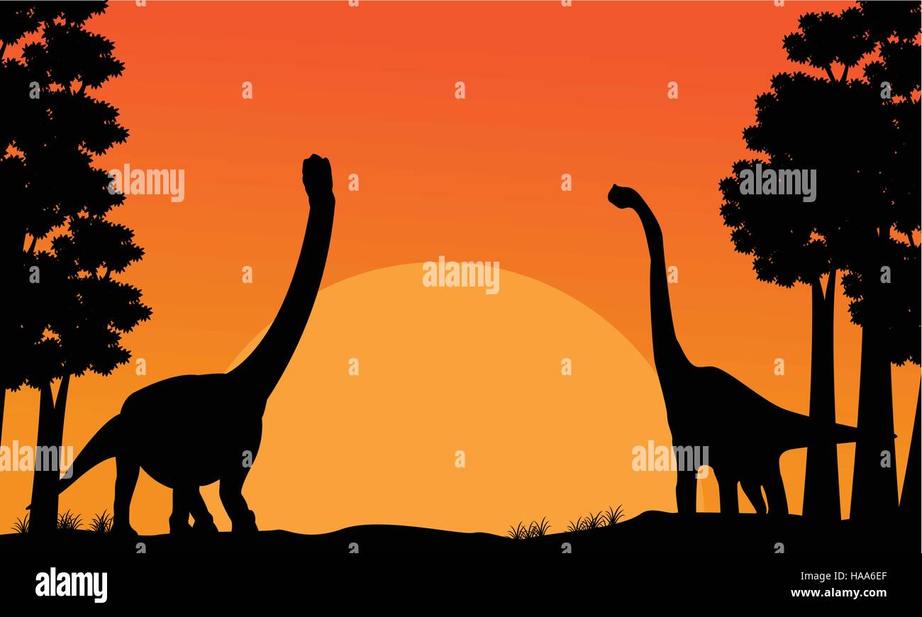 Silhouette of dinosaur brachiosaurus with orange sky scenery Stock ...