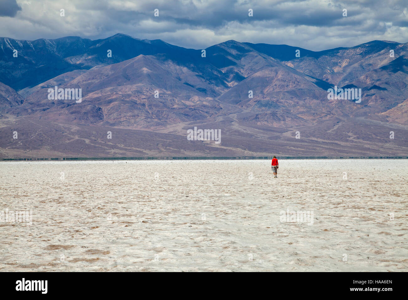 Lone tourist in the middle of the Badwater Basin, Death Valley National Park, California, USA Stock Photo