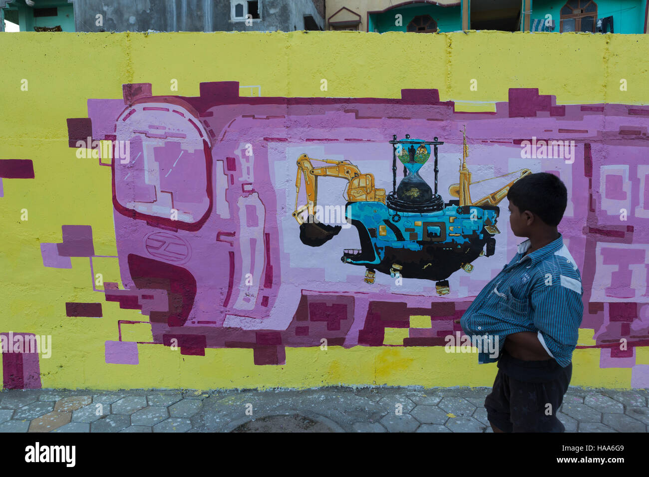 Street wall  painted by various artists as part of ongoing Hyderabad Art Festival at People's Plaza in Hyderabad,India. Nov 2016 Stock Photo