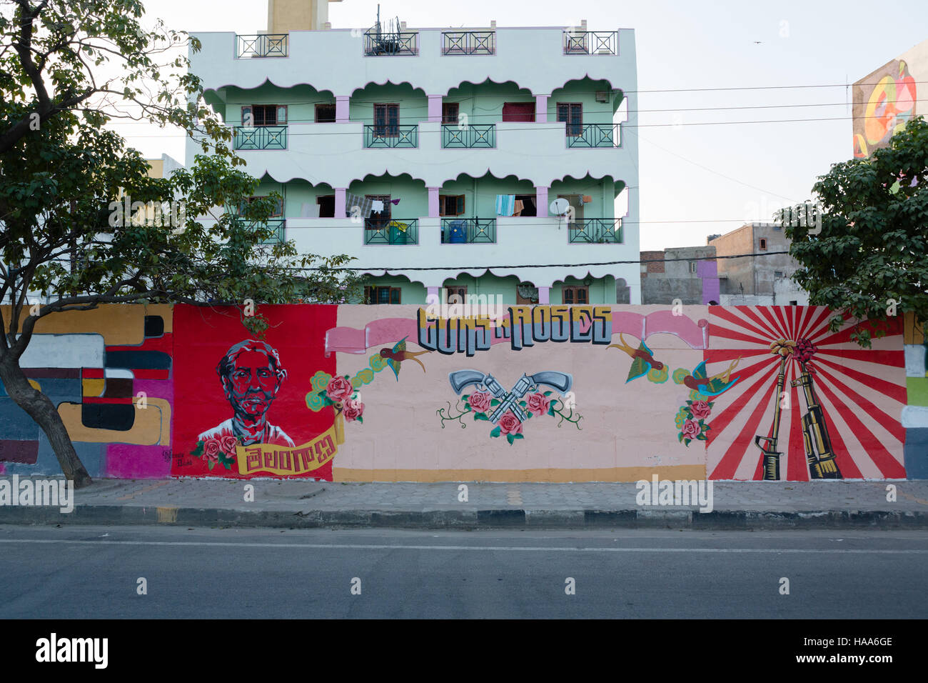 Street wall  painted by various artists as part of ongoing Hyderabad Art Festival at People's Plaza in Hyderabad,India. Nov 2016 Stock Photo