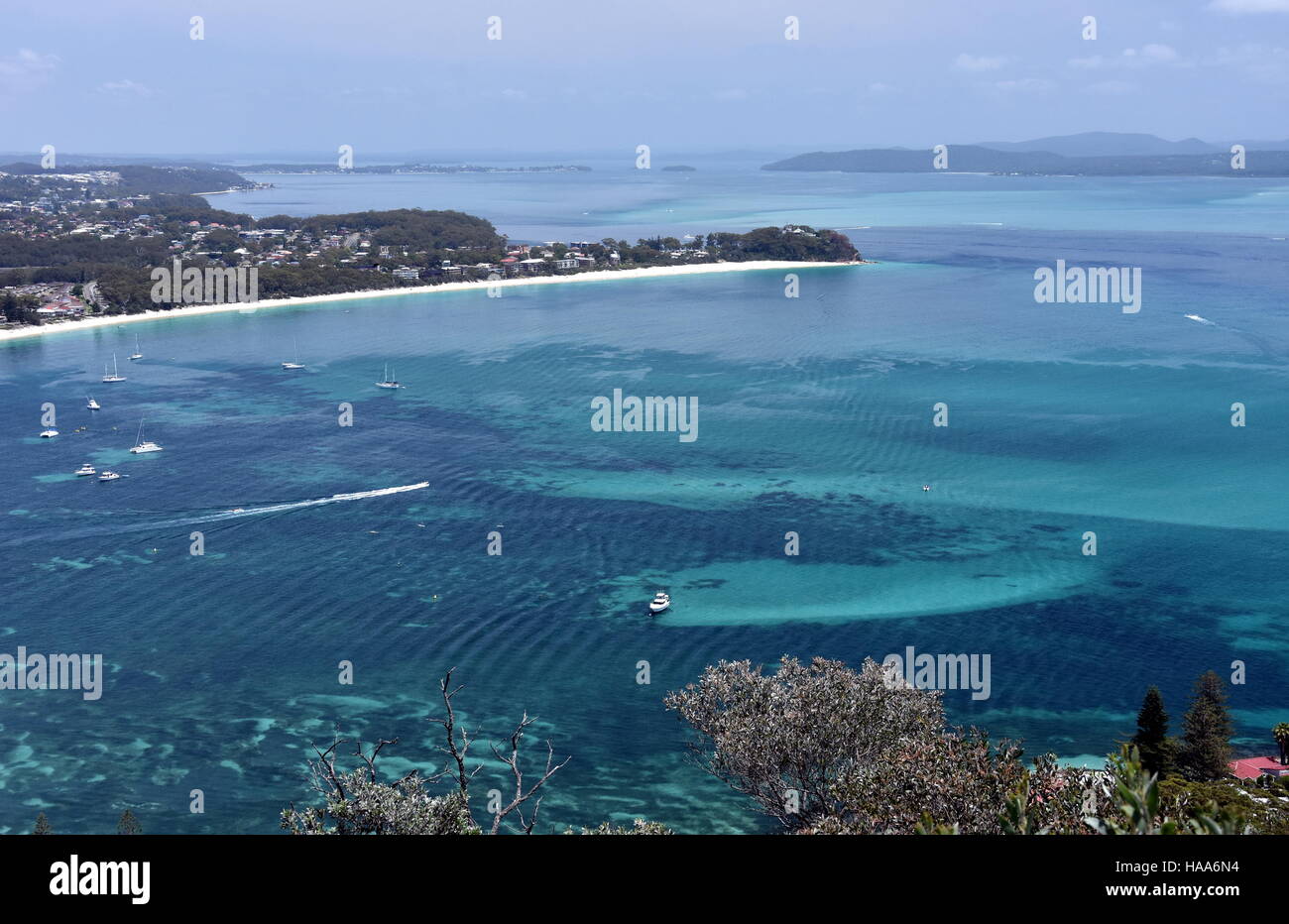 Shoal bay on a sunny day from Mount Tomaree Lookout (Central Coast, NSW