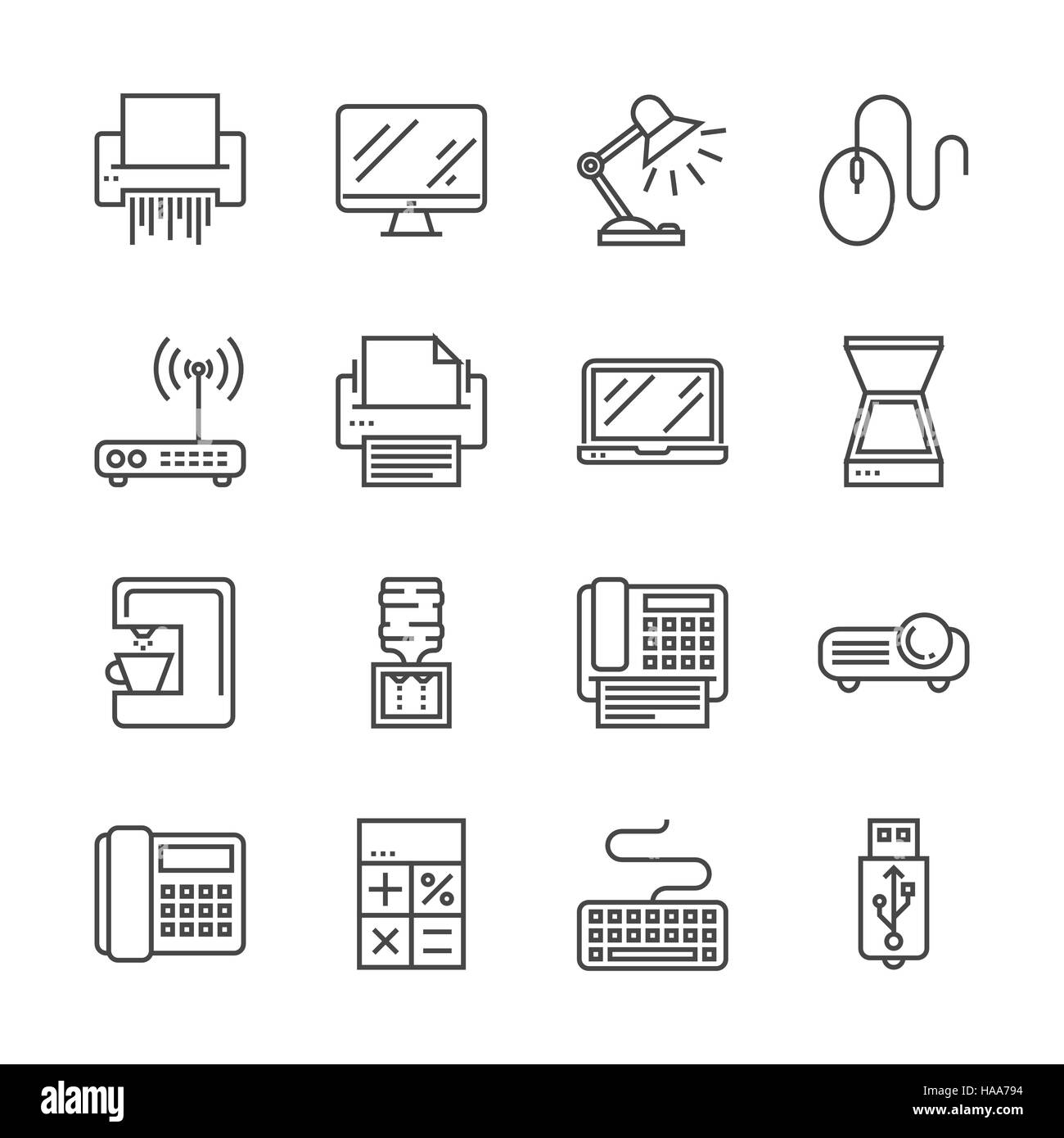 Office Devices Thin Line Related Icons Set Isolated on White Background ...