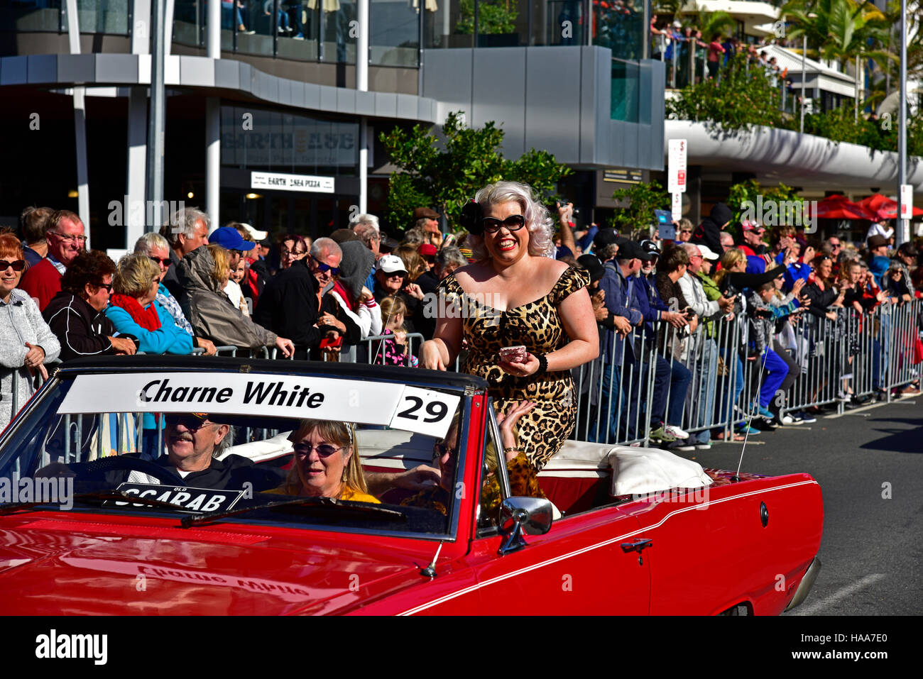 big brother celebrity Charne White Louise at the Cooly rocks on retro festival street parade in coolangatta on the gold coast Stock Photo