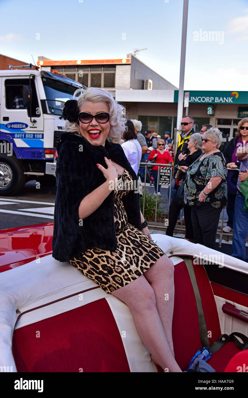 big brother celebrity Charne White Louise at the Cooly rocks on retro festival street parade in coolangatta on the gold coast Stock Photo