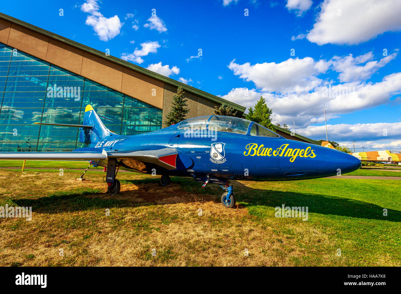 McMinnville, Oregon - August 31, 2014: Grumman TF-9J Cougar fighter aircraft in the color of the 'Blue Angels' on exhibition at Evergreen Aviation & S Stock Photo