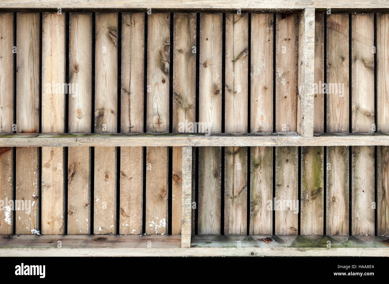 Old wooden wall with shelves, flat background photo Stock Photo