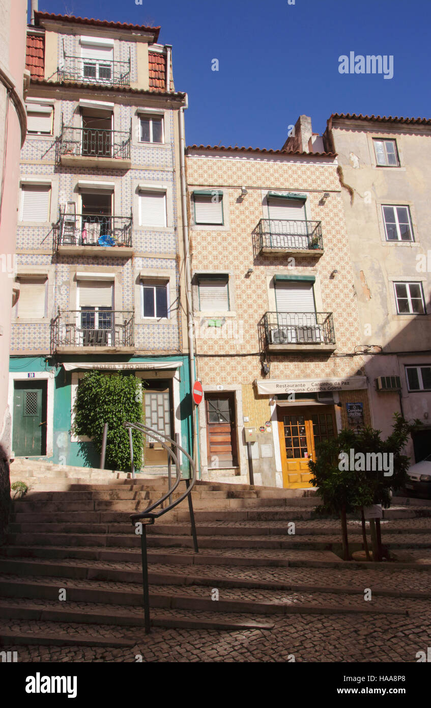Residential buildings and restaurant Cantinho da Paz Lisbon Portugal Stock Photo