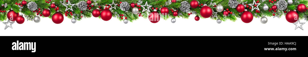 Extra wide Christmas border with fir branches, red and silver baubles ...