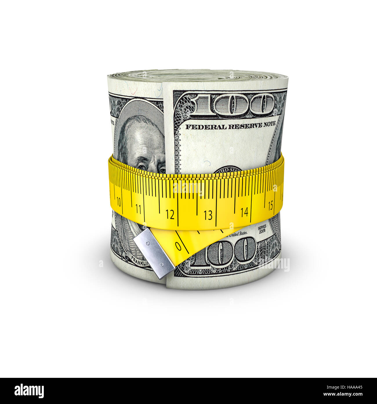 Tape measure dollars / 3D illustration of measuring tape tightening around roll of bank notes Stock Photo
