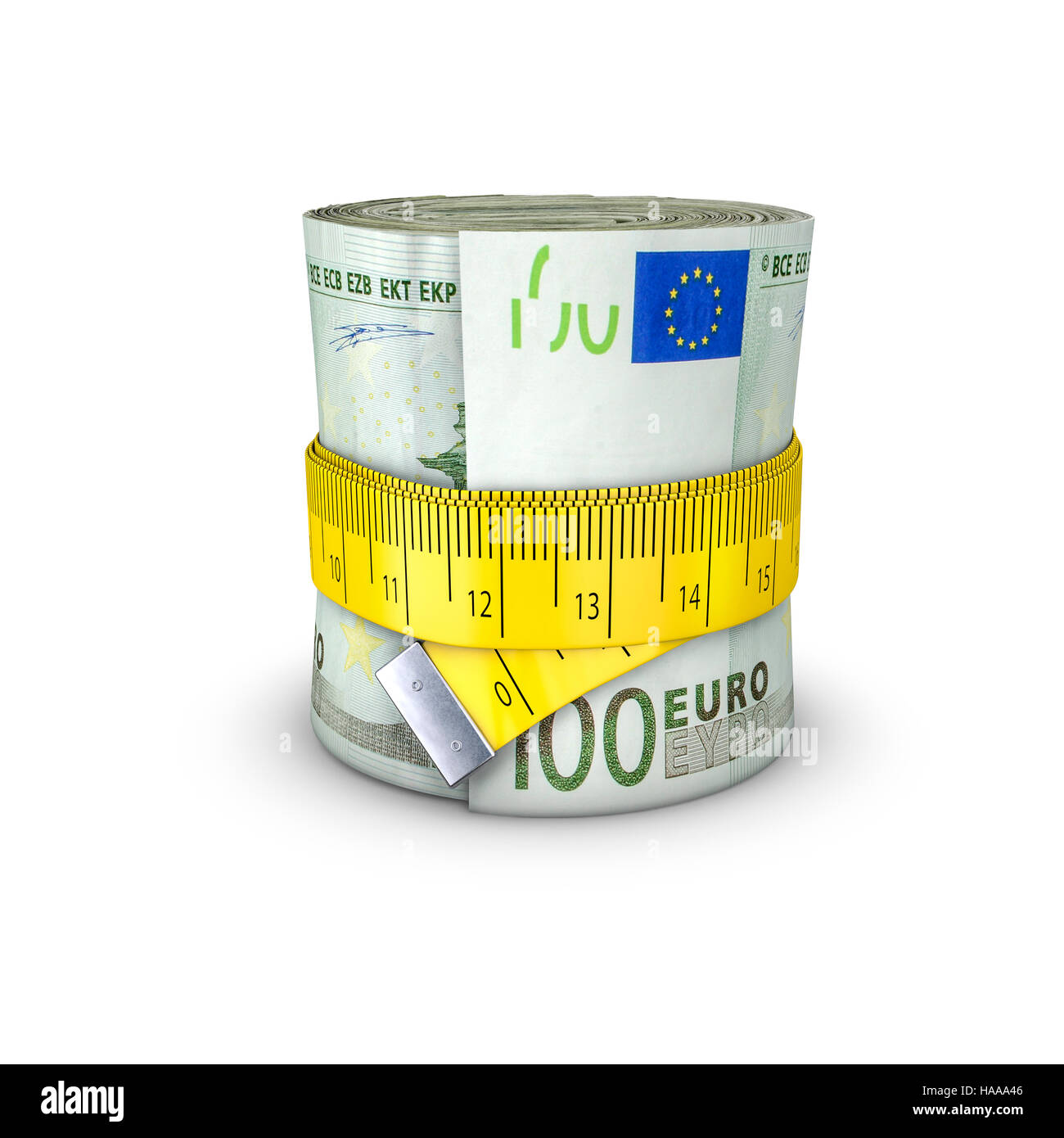 Tape measure euros / 3D illustration of measuring tape tightening around roll of bank notes Stock Photo