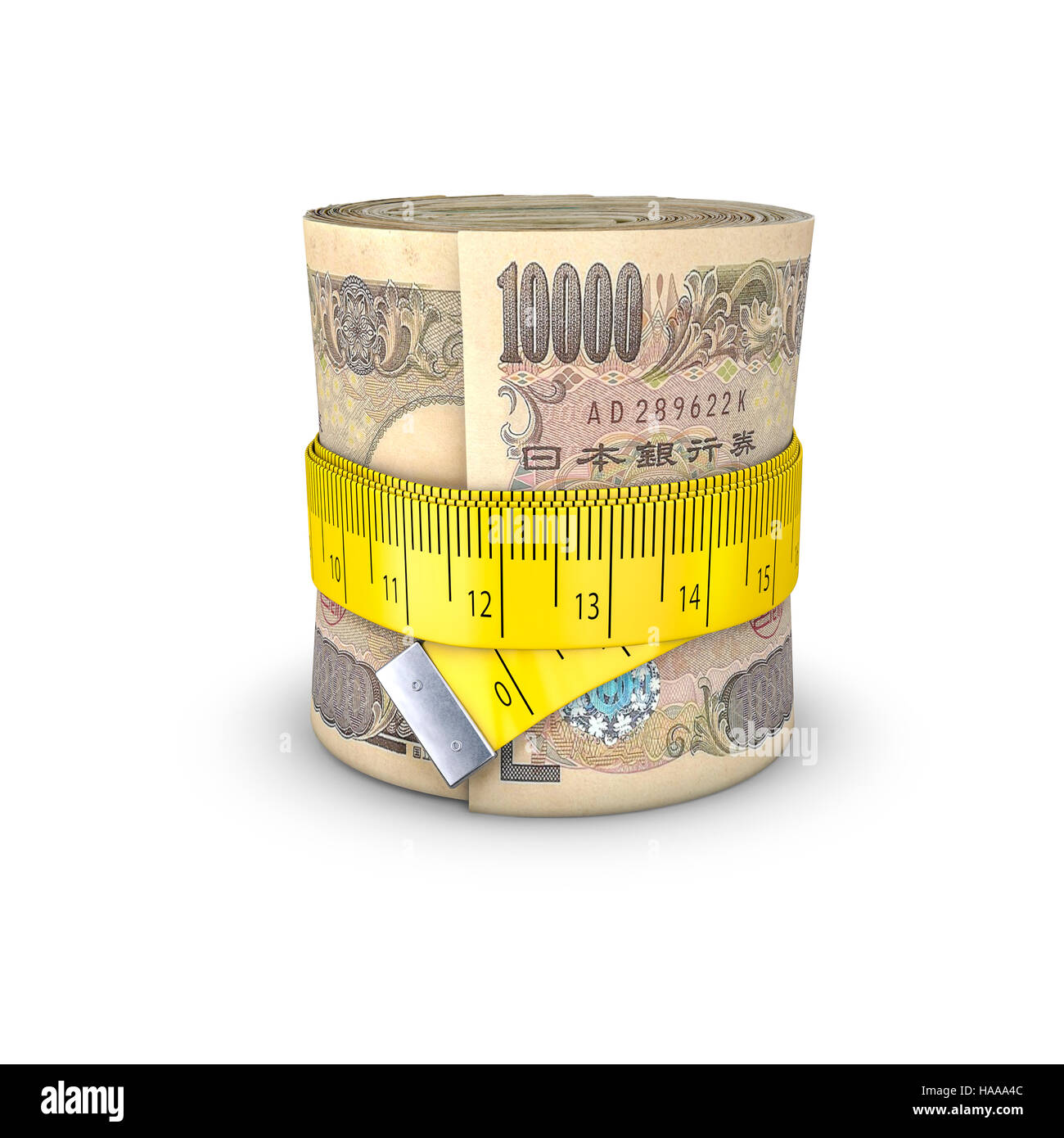 Tape measure yen / 3D illustration of measuring tape tightening around roll of bank notes Stock Photo
