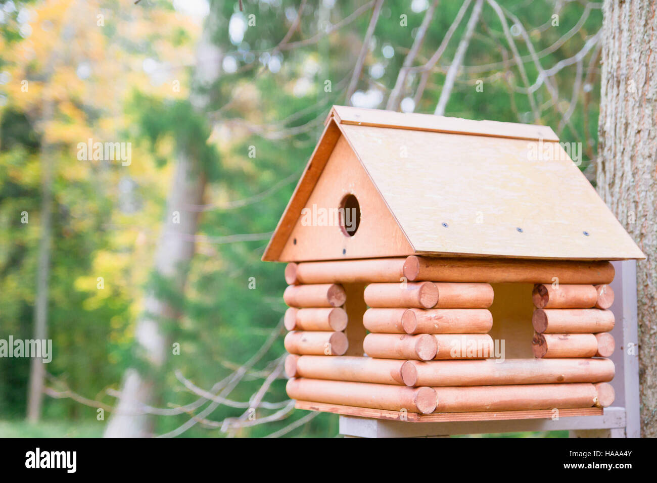 Wooden birdhouse in a beautiful autumn Park Stock Photo