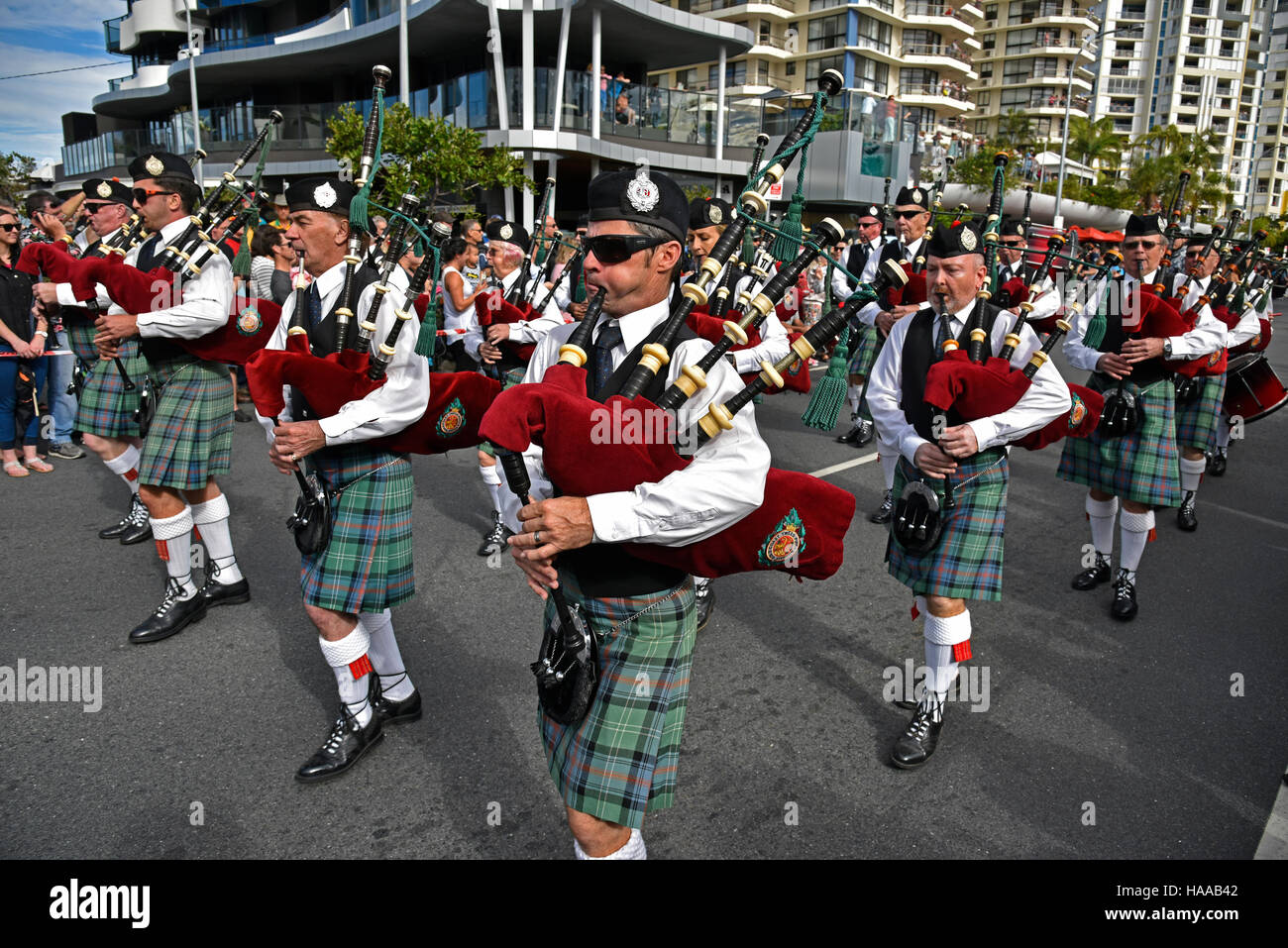 scots bagpipe band in cooly rocks on retro parade at coolangatta gold coast queensland australia Stock Photo