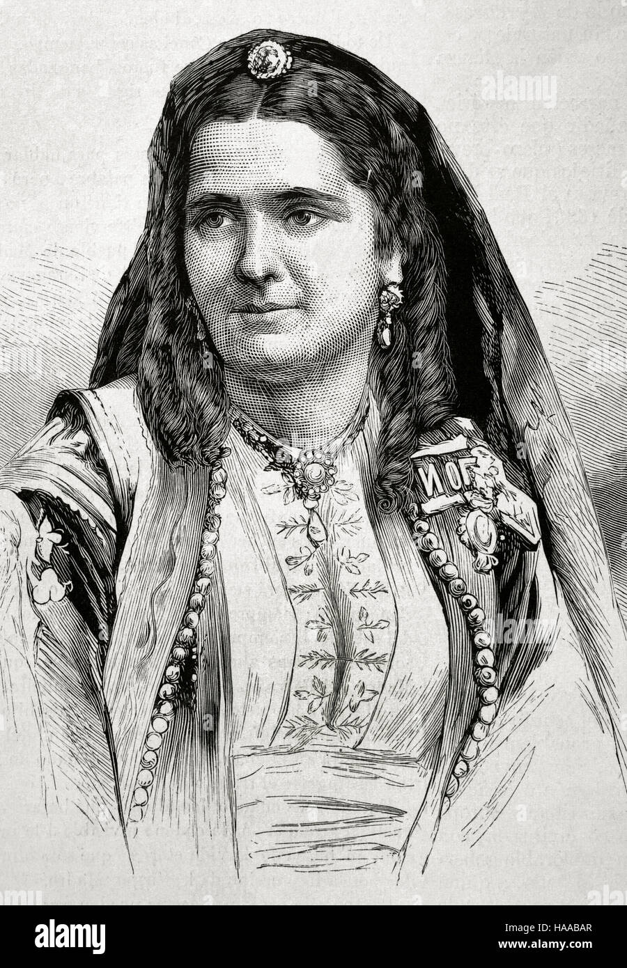 Milena Vukotic (1847-1923). Queen Consort of Montenegro, as wife of King Nicholas I of Montenegro (1920-1918). Portrait. Engraved by Paris in 'La Ilustración española y americana', 1875. Stock Photo