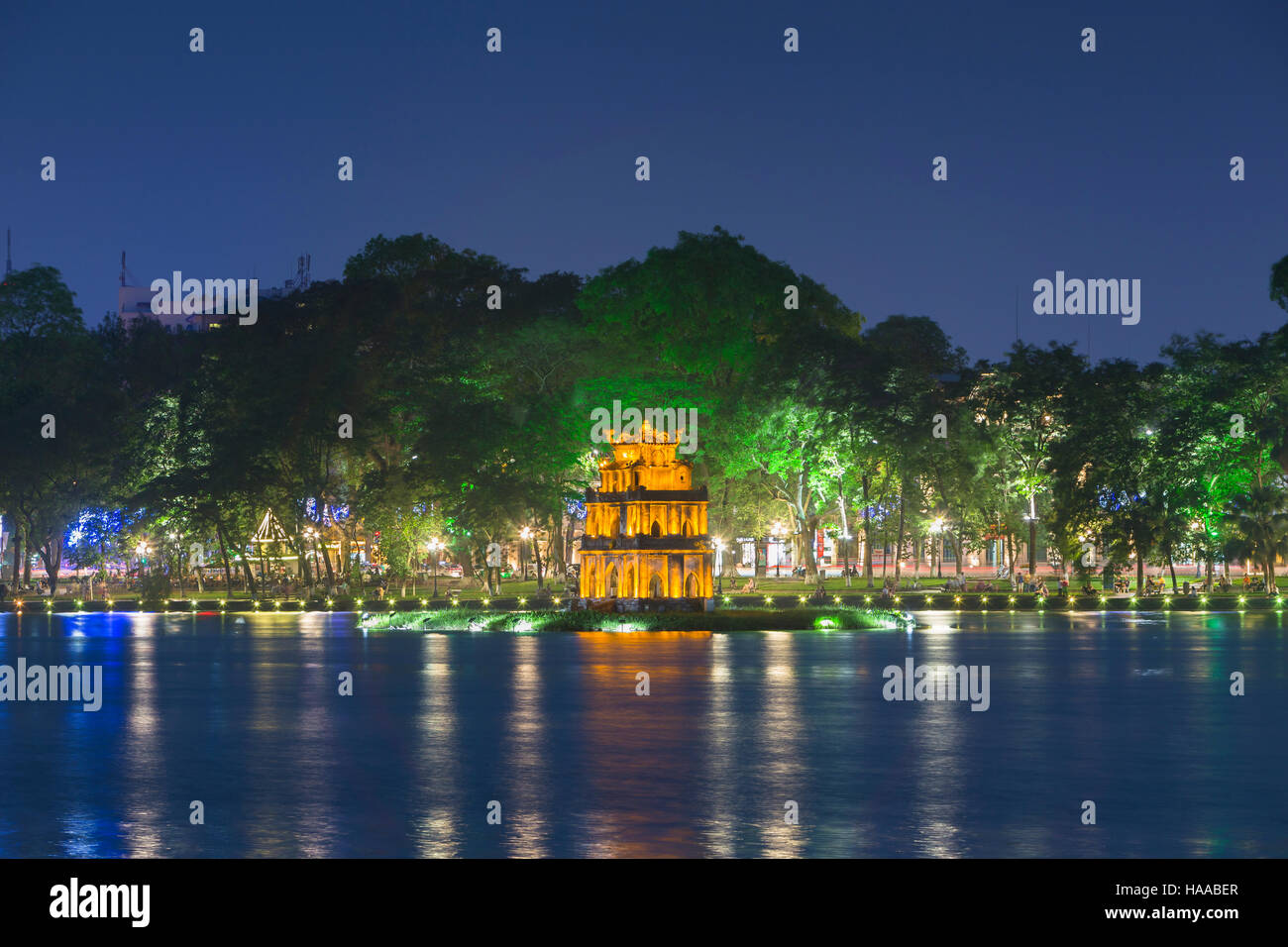 Thap Rua temple or Turtle Tower at night, Hoan Kiem lake, Hanoi, Vietnam Stock Photo