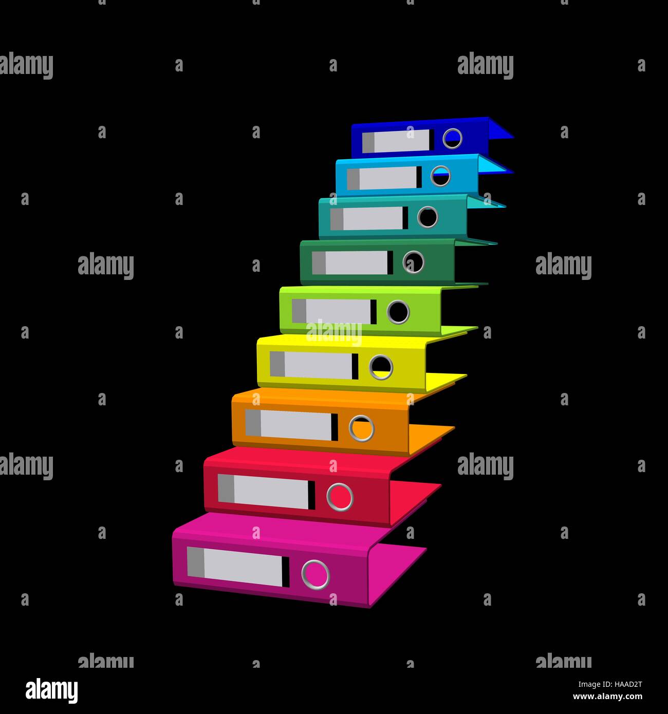 Empty colorful file folders.Isolated on black background.Stairway from