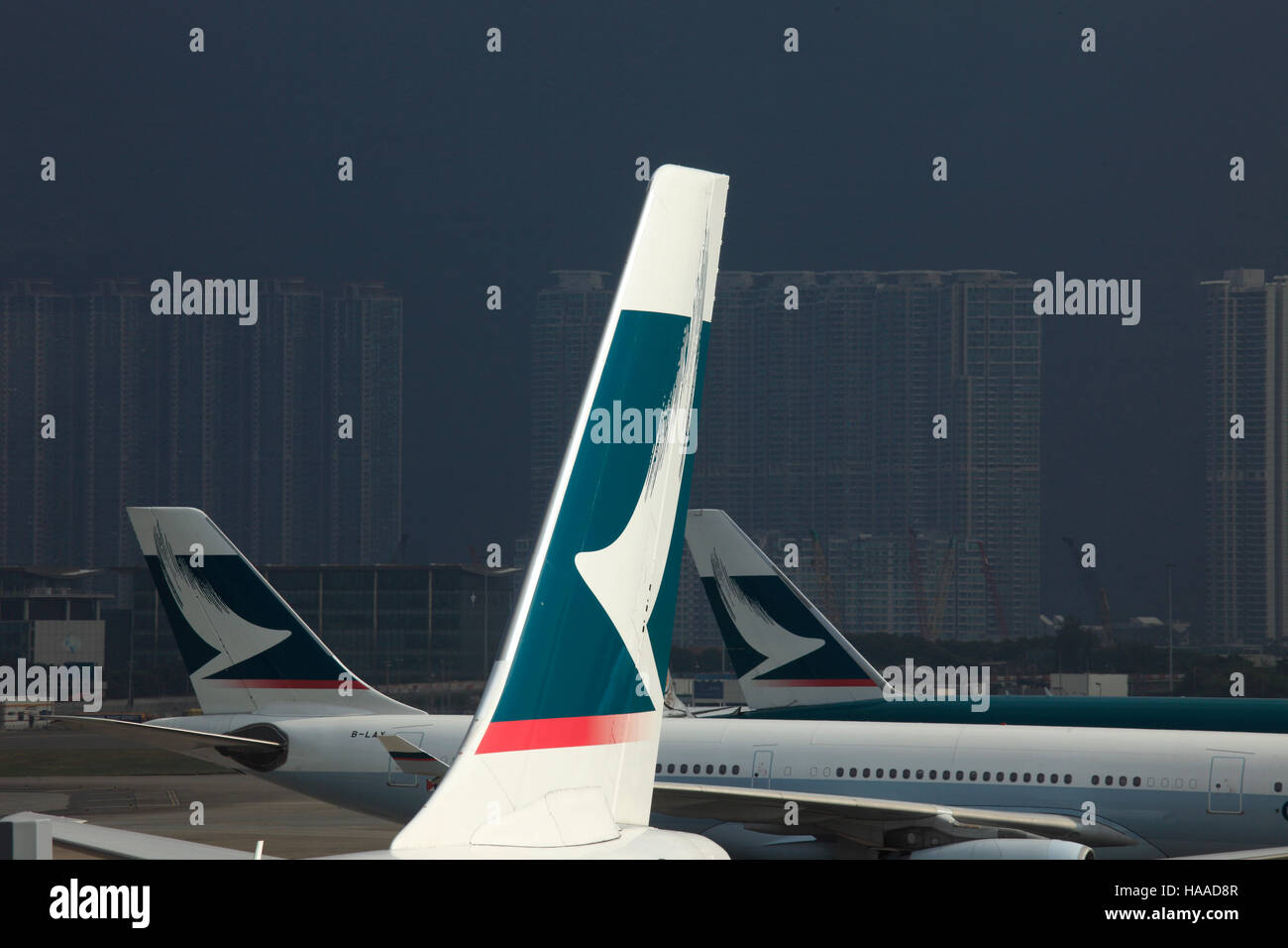 China, Hong Kong, airport, Cathay Pacific airplanes, Stock Photo